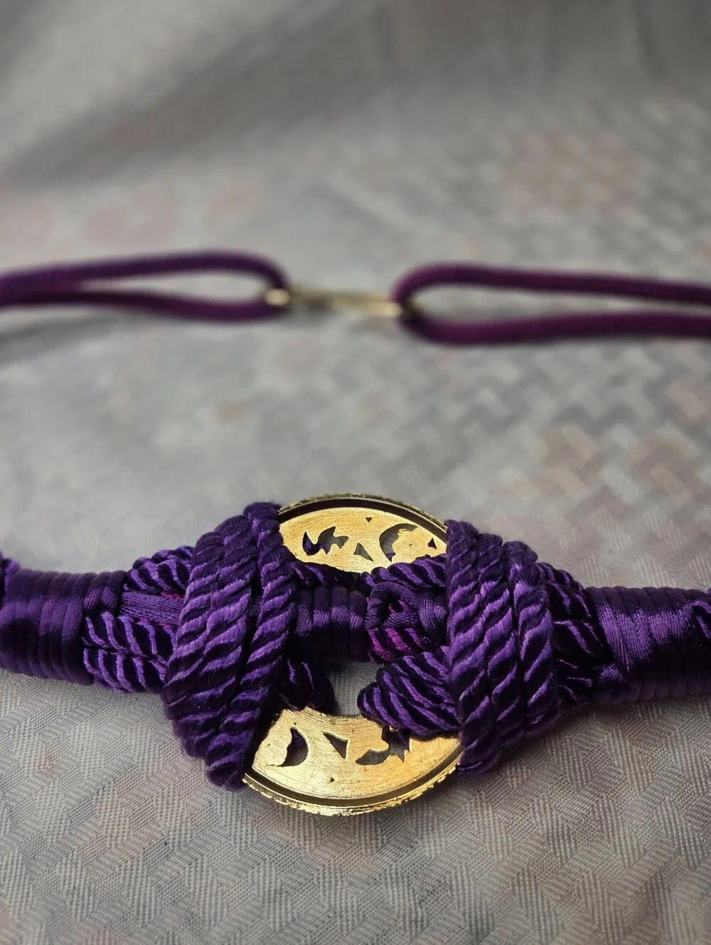 Vintage 80s Purple Braided Cord Belt Gold Filigree Medallion Knotted